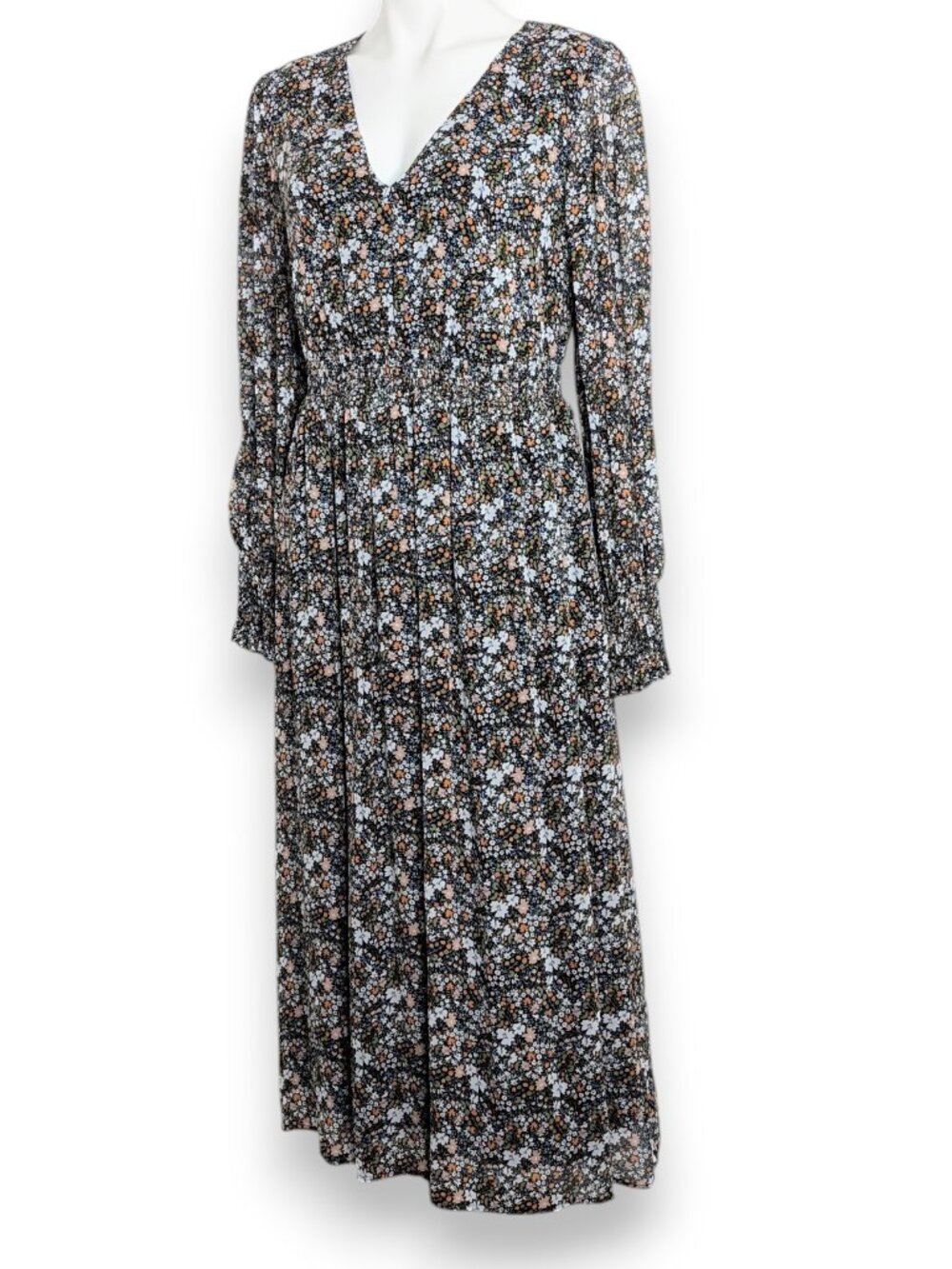 Boden Black Ditsy Floral Smocked Long Sleeve V Neck Bishop Sleeve Dress